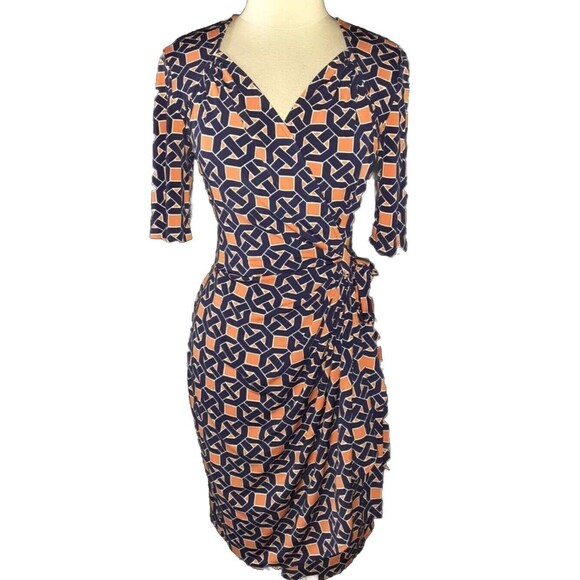 Maggy London Dress Wrap Knee Length‎ Blue Orange Knot Print Stretch 10 Preppy - Picture 1 of 8